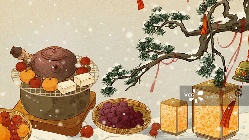 二十四节气大雪围炉煮茶插画图片素材