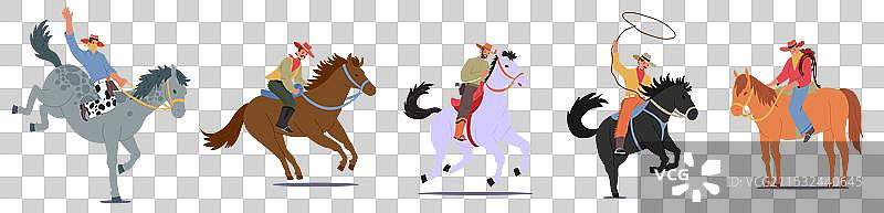 一群牛仔和女牛仔骑着不同的马匹图片素材