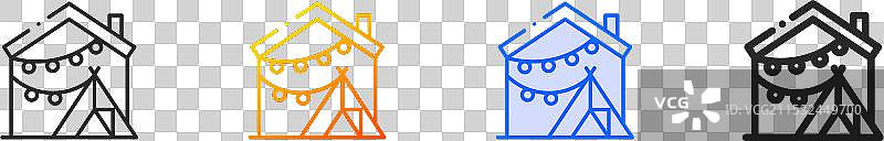 室内露营图标，细线性渐变蓝色图片素材