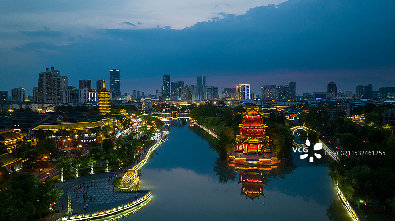江苏淮安里运河文化长廊国师塔清江浦楼夜景航拍图片素材