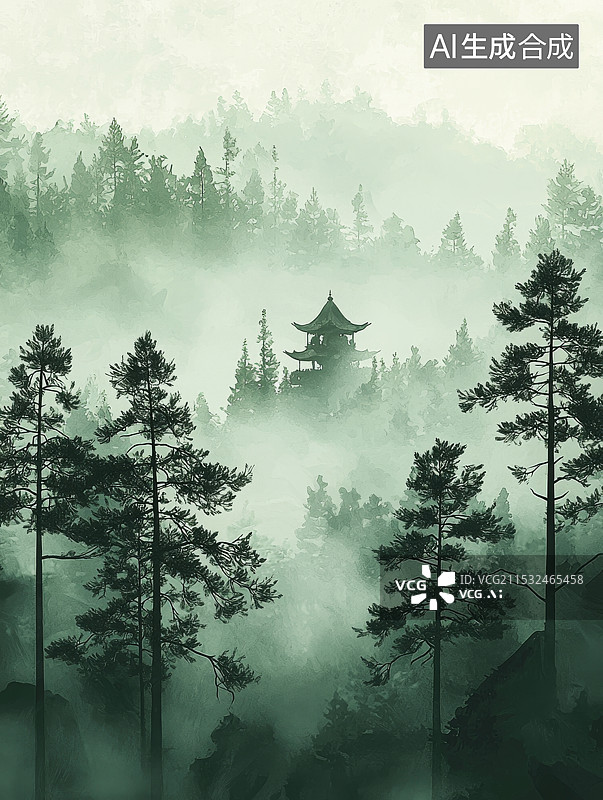 【AI数字艺术】朦胧雾气中的传统中式建筑与松林景观图片素材