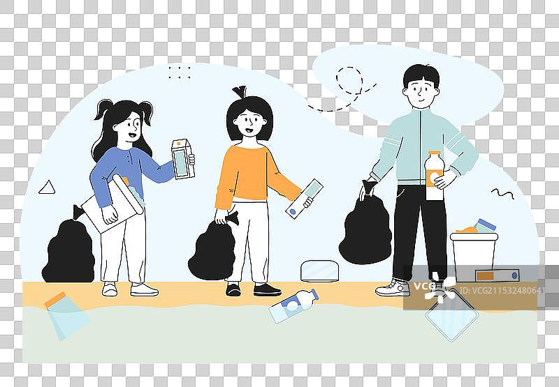 孩子们在清理垃圾，女孩和男孩一起参与。图片素材