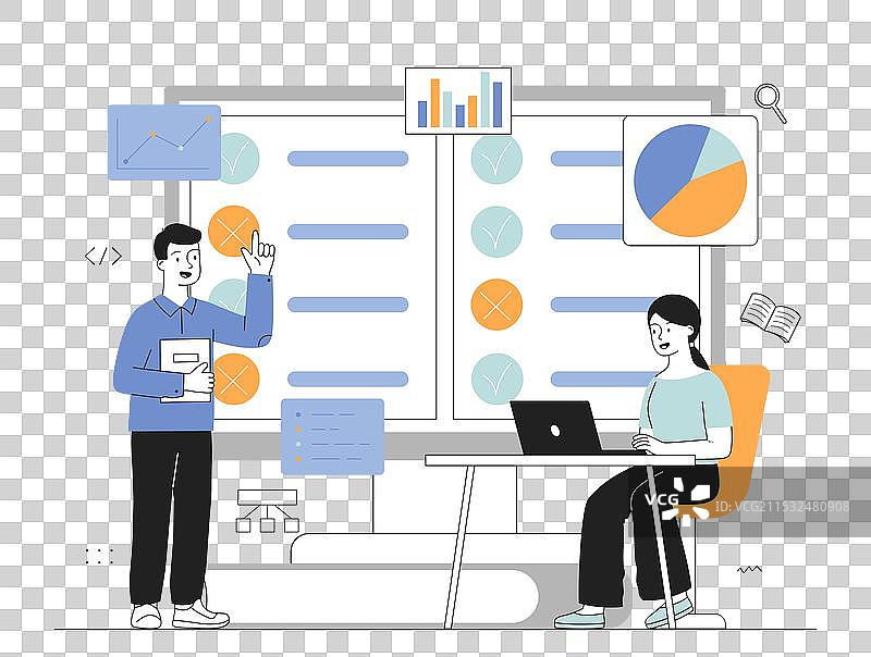 项目经理团队的男女在列表旁边图片素材