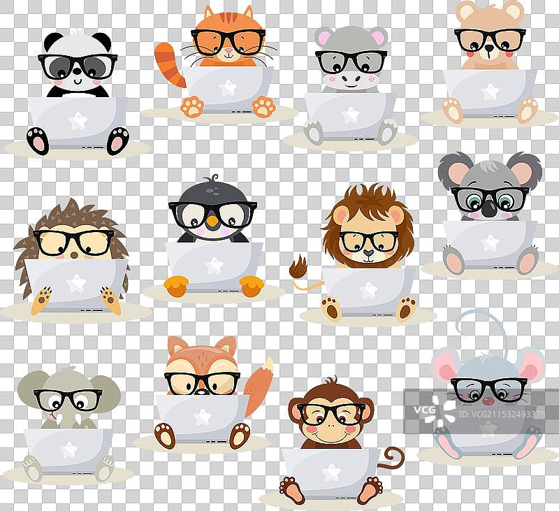 可爱的动物们在使用笔记本电脑的数字拼贴画图片素材