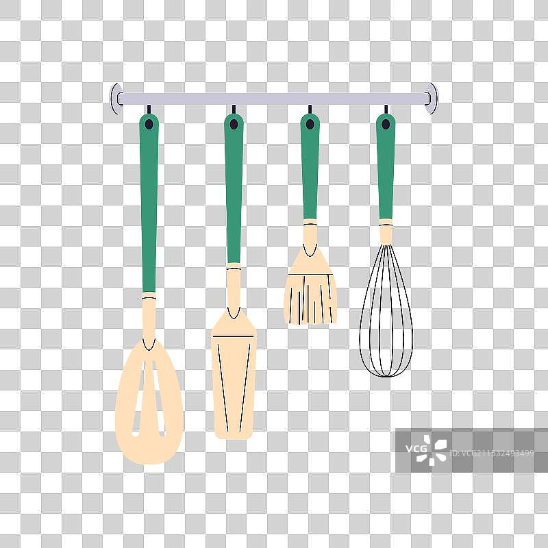 一组不同的餐具挂在架子上图片素材