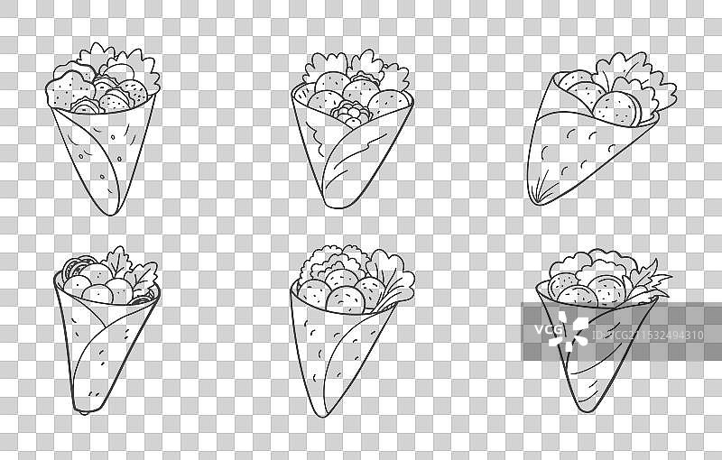 详细的法拉费尔卷线条艺术套装图片素材