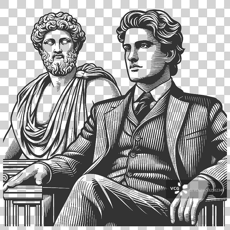 现代西装男士与古典雕像图片素材