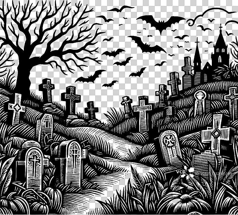 万圣节主题的墓地，装饰着南瓜和蝙蝠图片素材