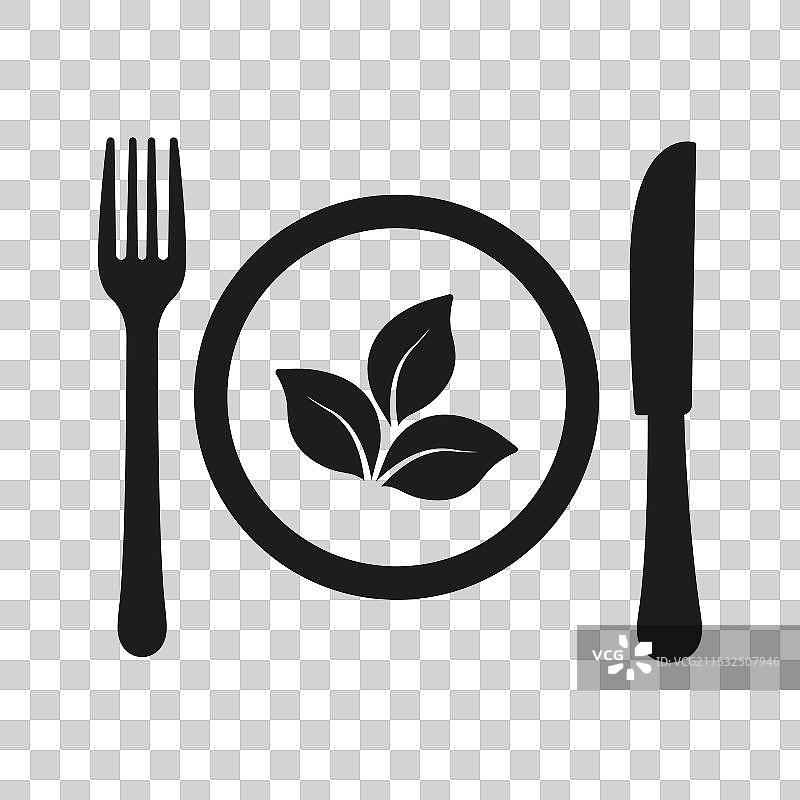 带叶子和餐具轮廓图标的盘子图片素材