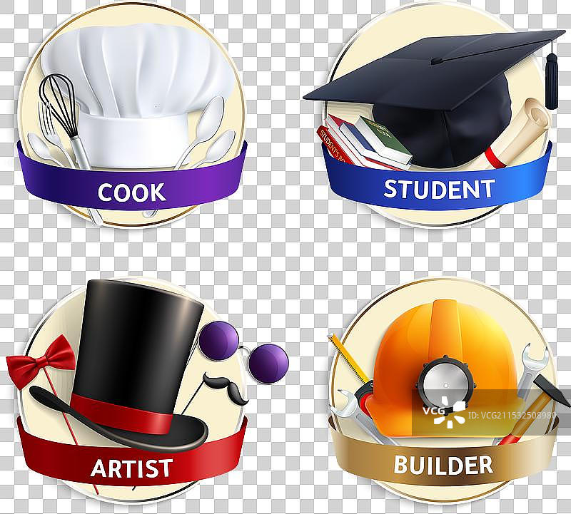 不同职业的帽子与逼真的徽章图片素材