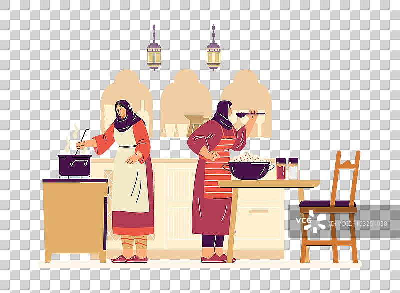 戴着头巾的女性在烹饪图片素材