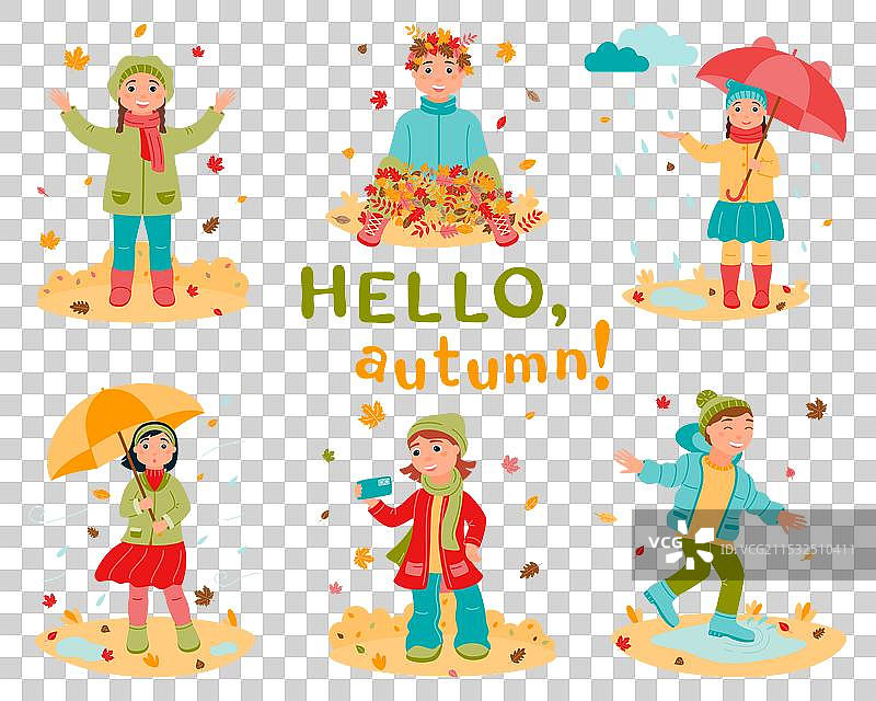 一组女孩在秋天的户外散步图片素材