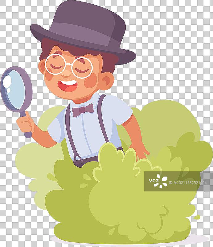 侦探男孩角色坐在灌木丛中检查图片素材