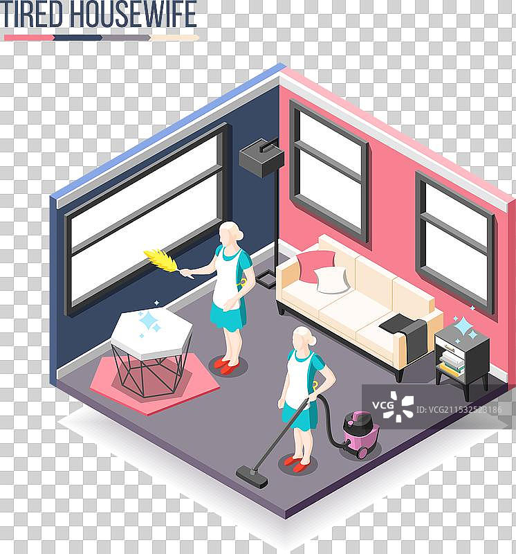 受折磨的家庭主妇等距构图与两个人物图片素材