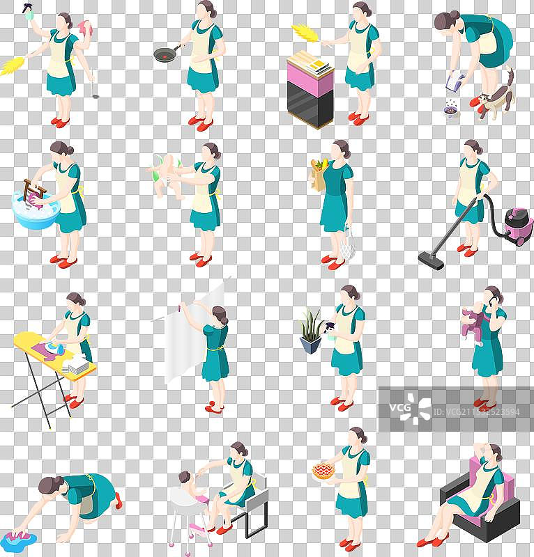 受折磨的家庭主妇等距图标与女性图片素材