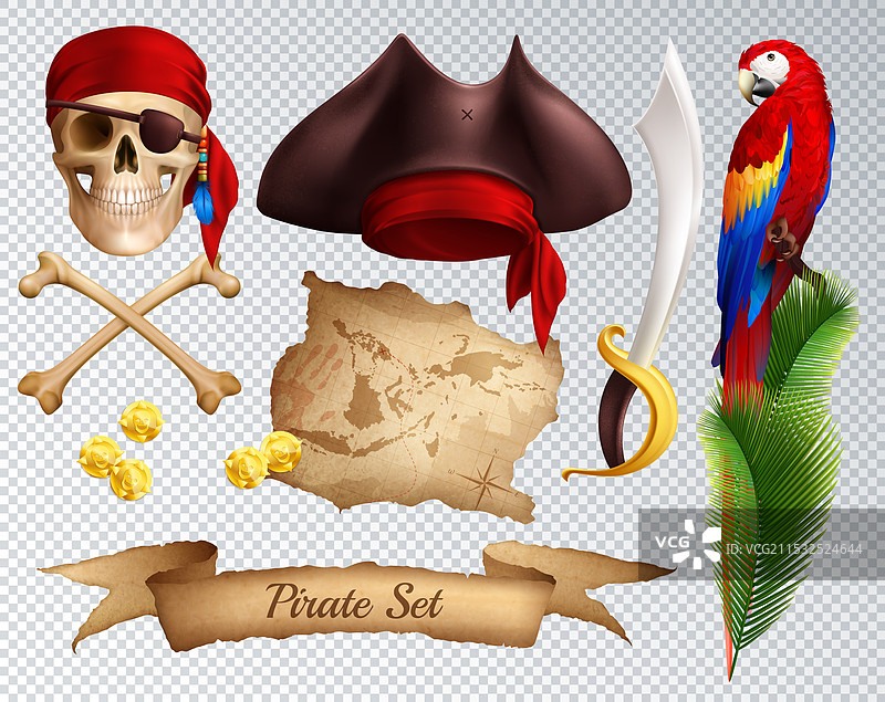 海盗逼真的图标集，包括海盗剑和海盗帽图片素材