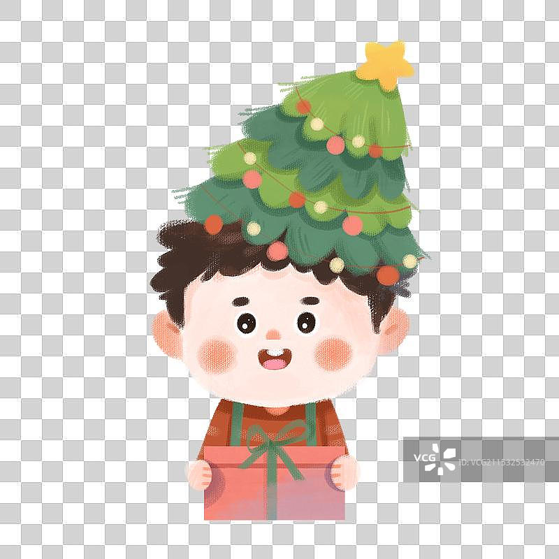 手绘蜡笔风头戴圣诞树男孩半身像可爱免抠元素图片素材