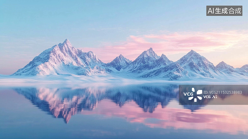 【AI数字艺术】日出雪山与宁静湖面图片素材