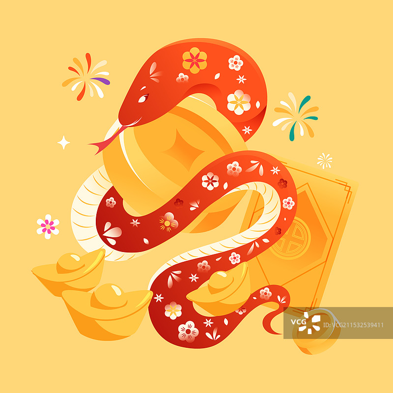 卡通蛇年生肖吉祥物新年元旦春节过年习俗拜年福袋红包美食家人亲子团圆古建筑渐变中国风国潮抽象矢量插画图片素材