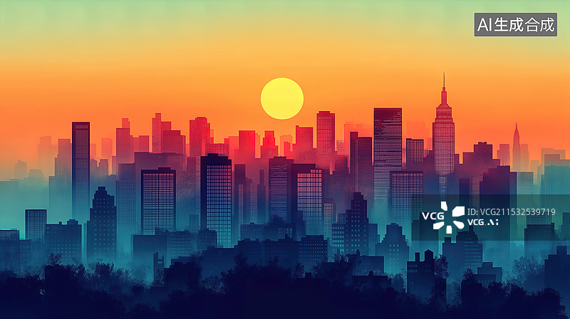 【AI数字艺术】日落城市天际线图片素材