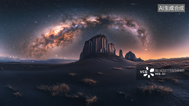 【AI数字艺术】沙漠的夜晚：壮丽高山与星空银河图片素材