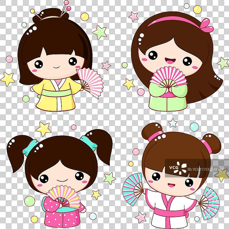 一组可爱的小女孩们手持扇子，展现出卡哇伊风格图片素材