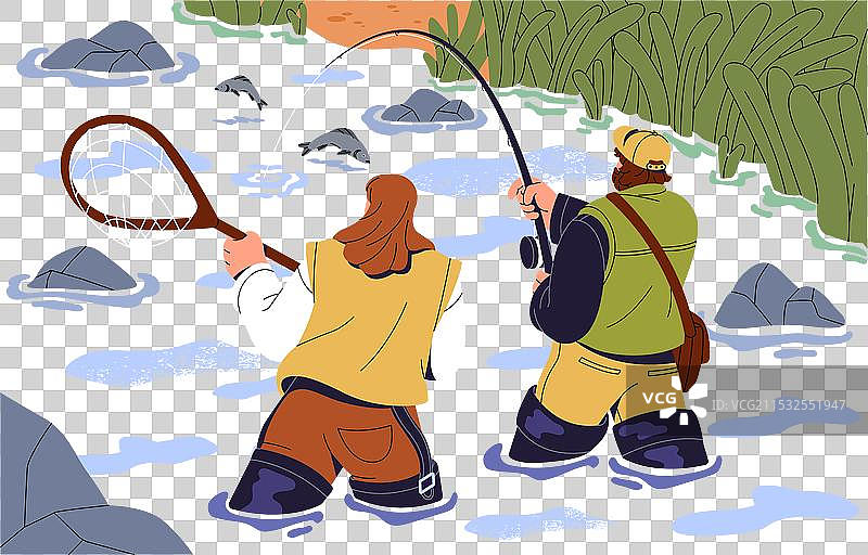 穿着橡胶高靴的人们在中间钓鱼图片素材