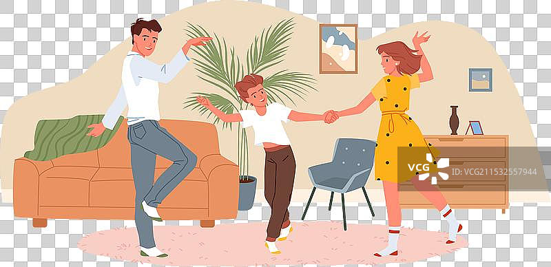 卡通母亲、父亲和儿子在音乐中跳舞图片素材