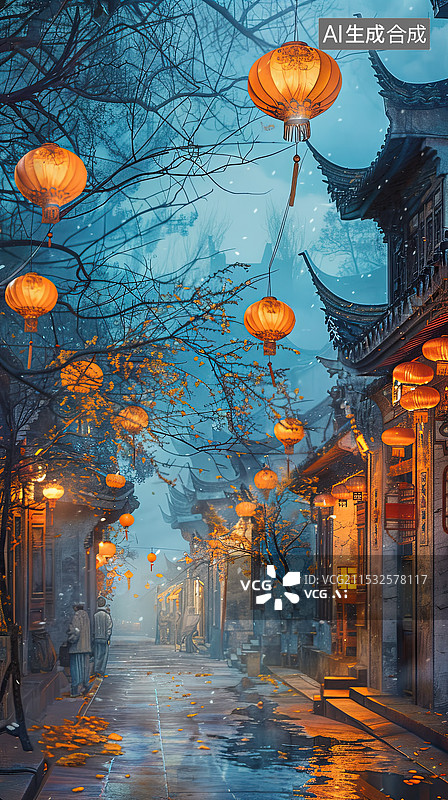 【AI数字艺术】夜晚的挂着灯笼的无人的江南古镇的街道图片素材