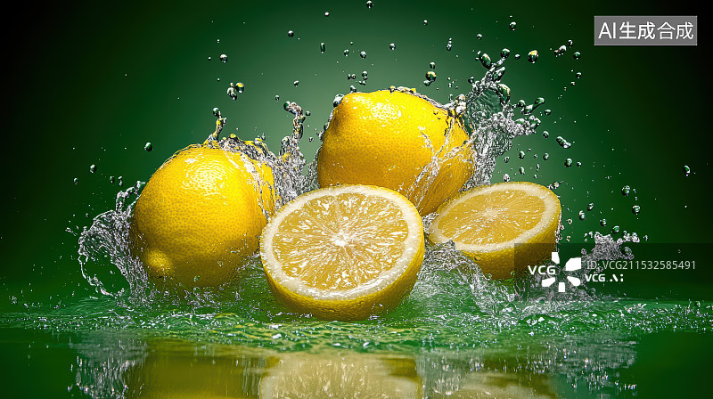 【AI数字艺术】柠檬酸橙切片和水碰撞 水花飞溅图片素材