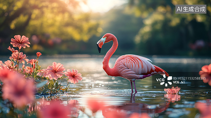 【AI数字艺术】花丛中的火烈鸟图片素材