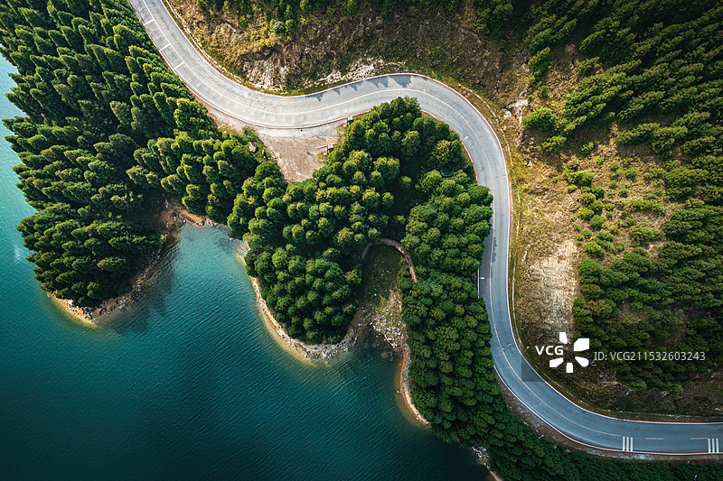 湖泊旁的林间公路图片素材