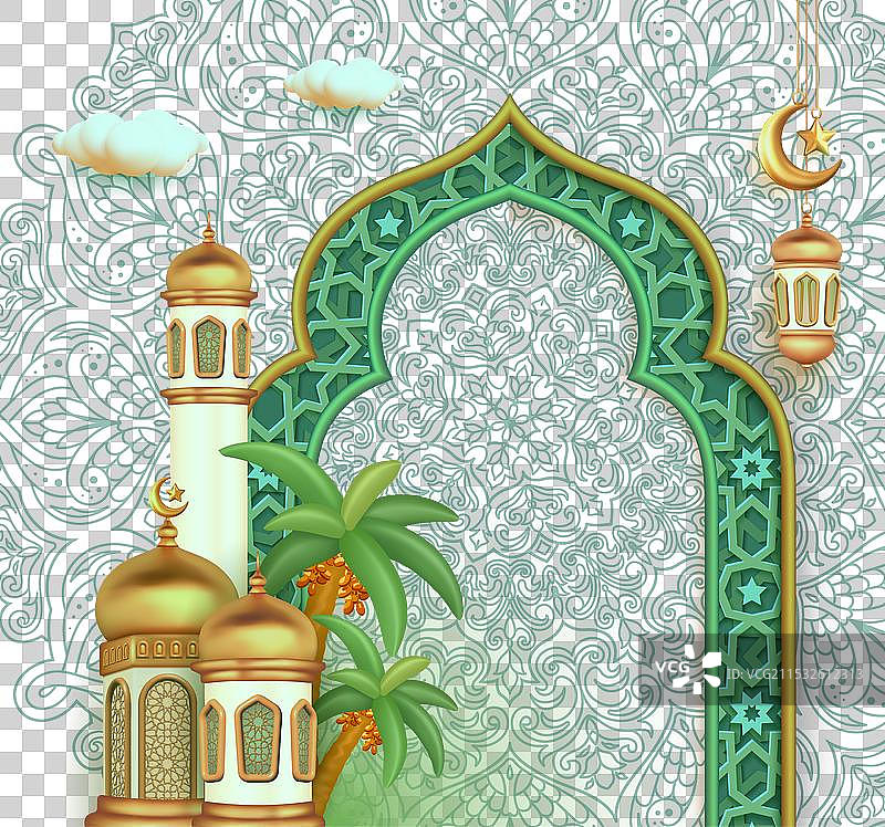 拉马丹祝福设计模板与3D清真寺图片素材