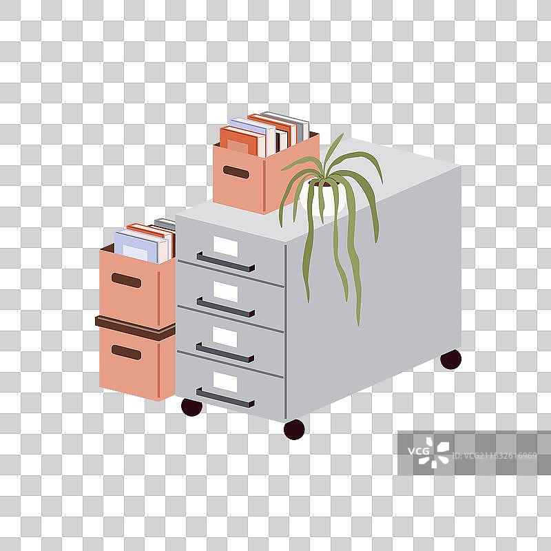 带抽屉的办公柜，里面放有办公用品和书籍图片素材