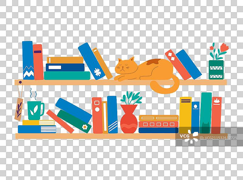 书架上的书、猫和茶图片素材