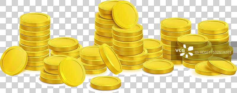 不同大小的钱堆与金币堆叠在一起图片素材
