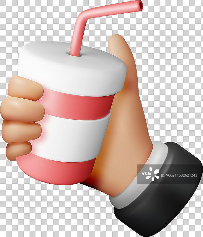 手中拿着的3D真实感红色一次性杯子和吸管图片素材