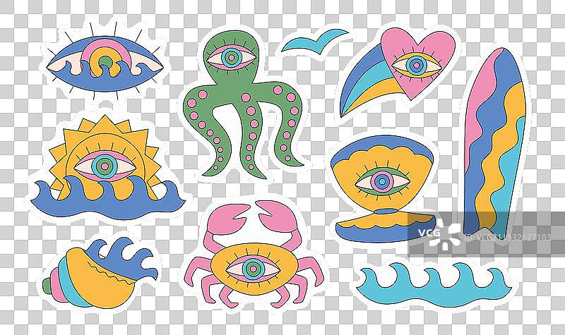 海滩时尚的抽象冲浪波浪贝壳龙虾图片素材