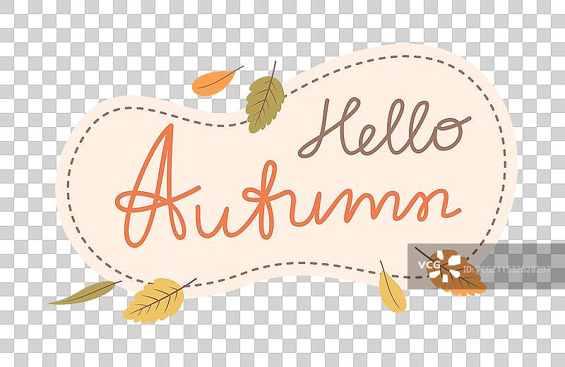 手写文字“你好，秋天”与飘落的树叶图片素材