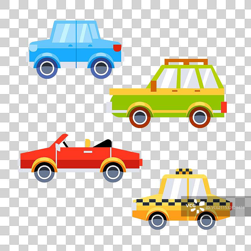 一组可爱的卡通平面风格汽车图片素材