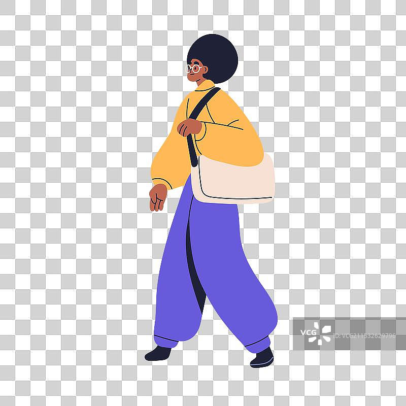 年轻女性背着笔记本电脑包走路的黑人女性图片素材