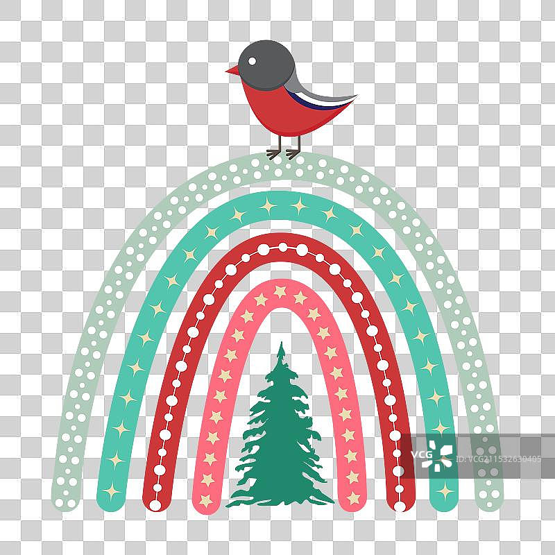 圣诞波西米亚风格的彩虹与红腹灰雀鸟图片素材