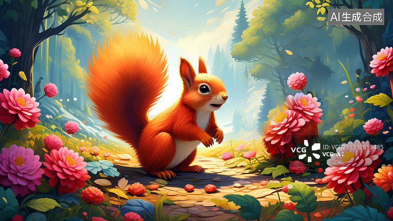 【AI数字艺术】动物主题插画 站在地面上的红松鼠图片素材