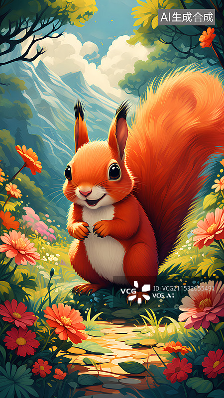 【AI数字艺术】动物主题插画 站在地面上的红松鼠图片素材