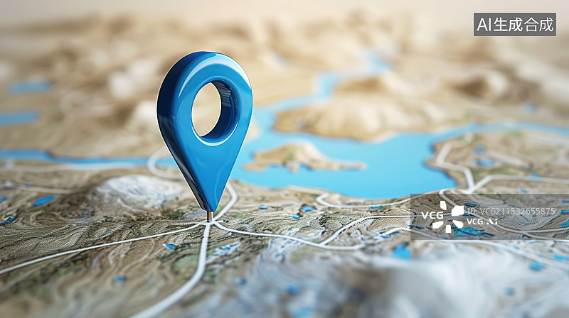 【AI数字艺术】地图上的蓝色定位图标——导航定位概念图片素材