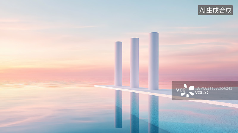 【AI数字艺术】黄昏海边的极简风建筑平台图片素材