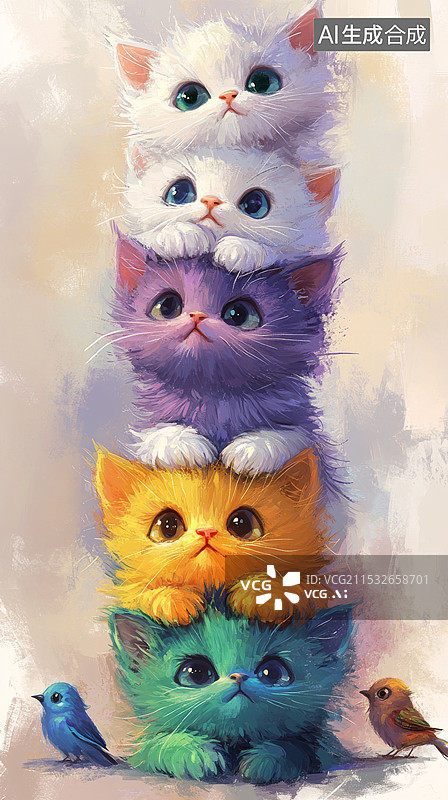 【AI数字艺术】五彩小猫堆叠 —— 可爱治愈图片素材