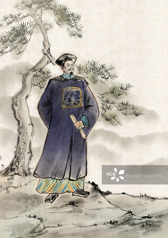 中国传统英雄人物左宗棠奏请建省—国画古风水墨写意工笔国风插画图片素材