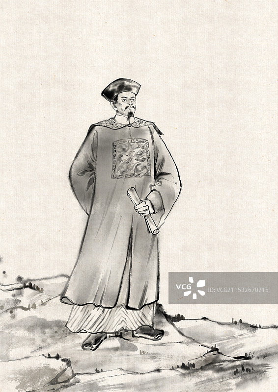 中国传统英雄人物左宗棠奏请建省—国画古风水墨写意工笔国风插画图片素材