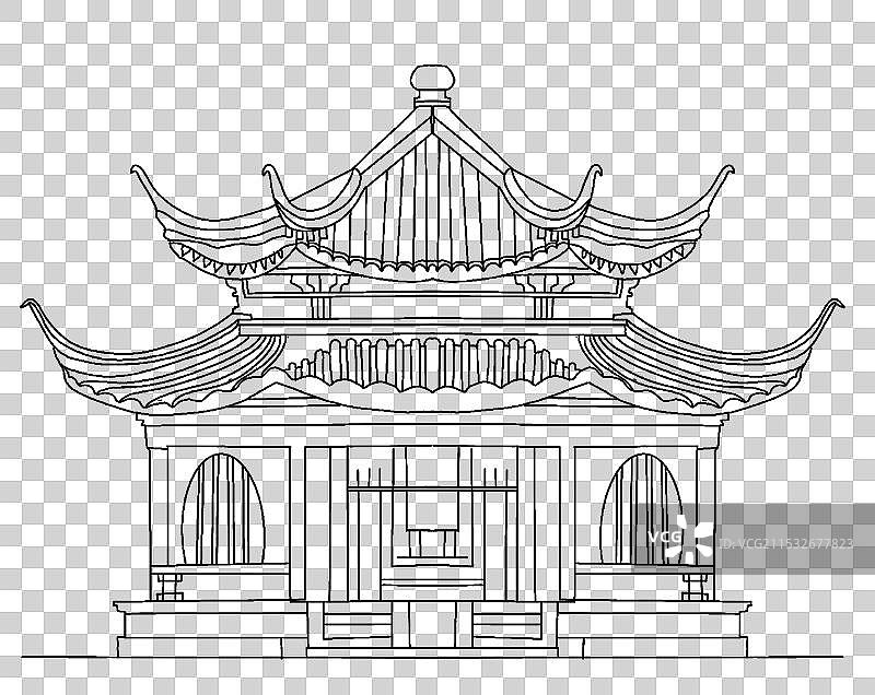 中国风国画古代建筑风景线条画元素图片素材